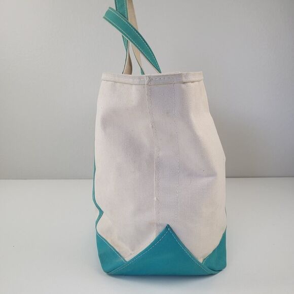 Vintage L.L. Bean Boat & Tote Canvas Blue Green Cream‎ Bag Large Top Handle - Picture 2 of 16